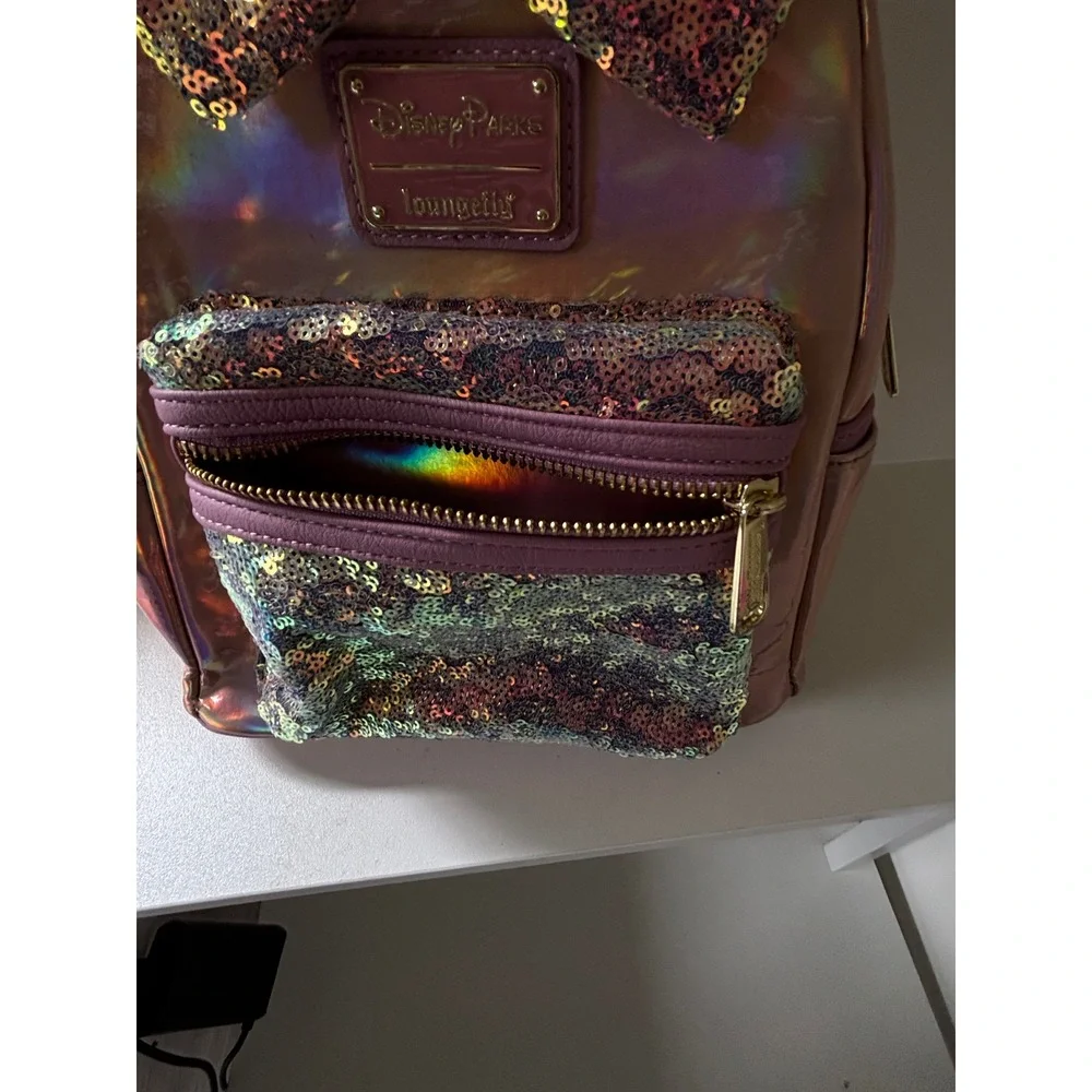 Disney Parks Loungefly Minnie Mouse Rose Gold Iridescent Sequin Mini Backpack